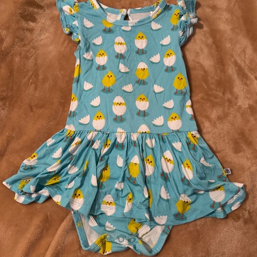 Little Bum Bum Bamboo Easter Chick Flutter Sleeve Bodysuit Dress Blue 2T